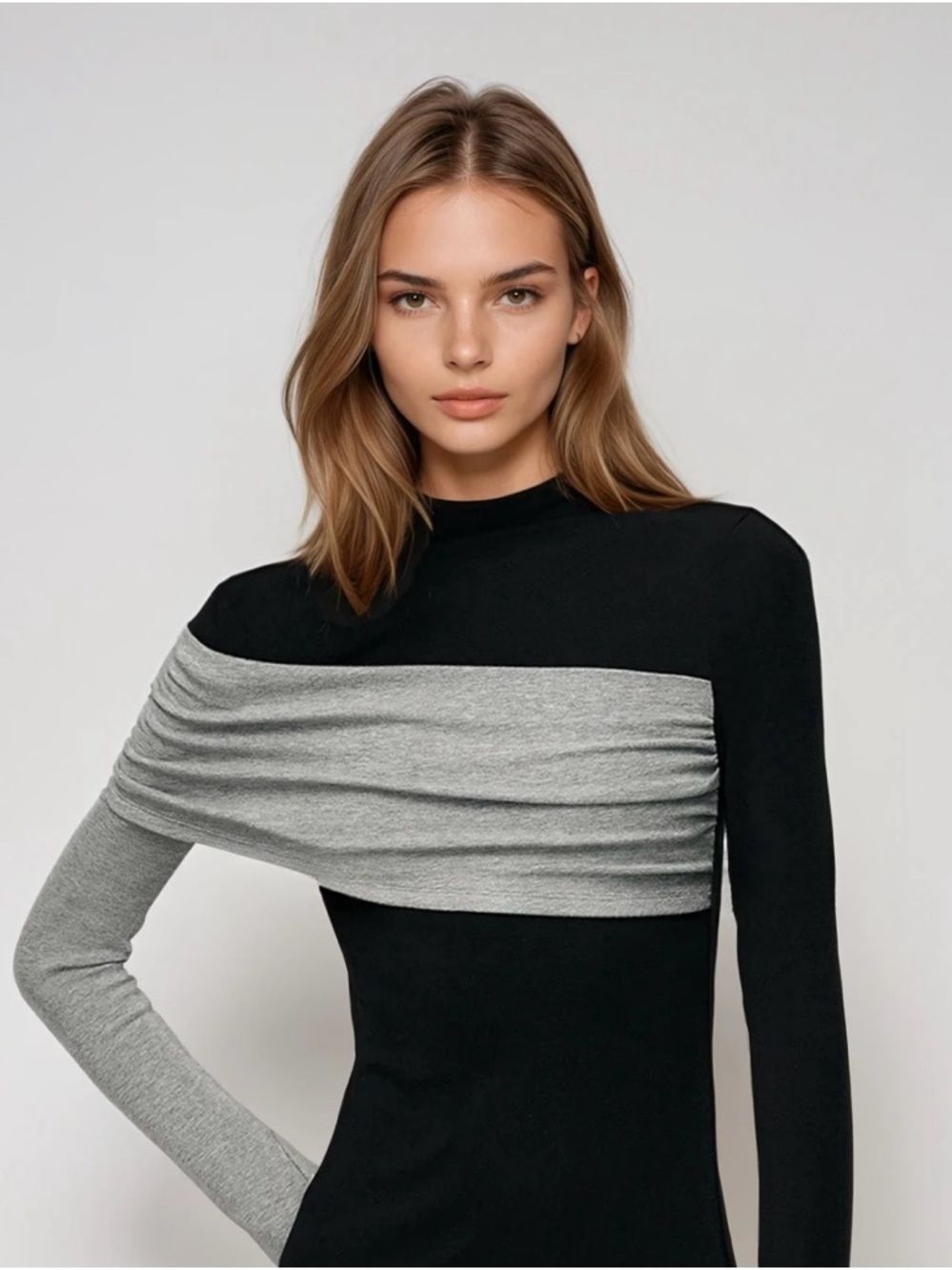 Commense Black and Gray Long-Sleeve Draped Top